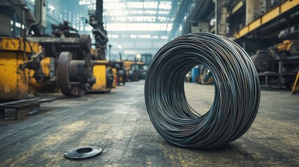 Roll of steel wire on the industrial floor, ready for manufacturing processes