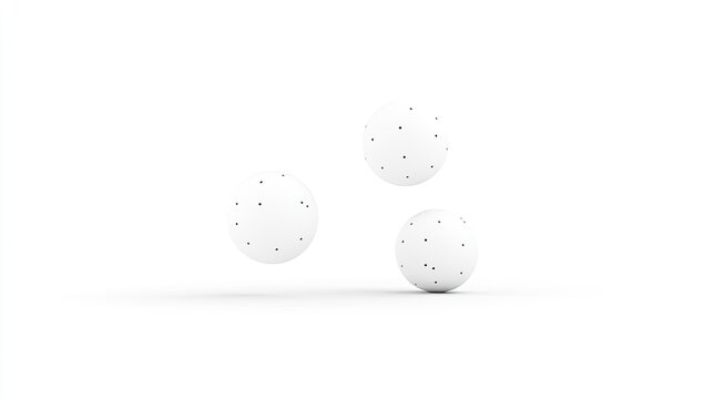 Three white spheres with dotted patterns floating in a minimalist space, suggesting motion and tranquility