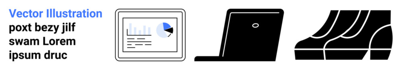 Analytics dashboard with graph, laptop for work productivity, and staircase steps symbolizing growth. Ideal for technology, business, progress, workplace, education, success flat landing page banner