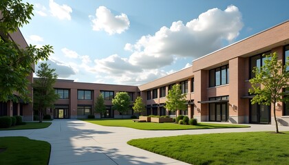 An exterior view of a public school building yard. College or university architecture  an outdoor view of high school construction  college or university landscape design