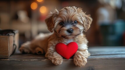 Puppy holding heart, cozy home, romantic background, Valentine's card