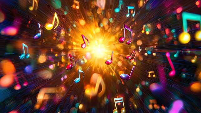 Colorful musical notes burst into a vibrant explosion of light and color, creating a lively atmosphere