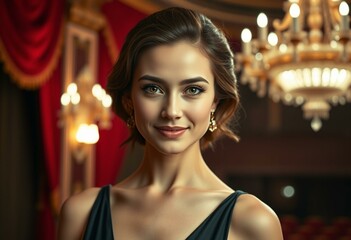 Elegant female actor in a dimly lit theatre
