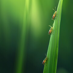 Colorful insects exploring a green leaf in a tranquil natural setting during daylight hours