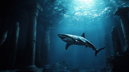A shark is swimming in a dark blue ocean with a few pillars in the background
