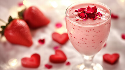 Strawberry smoothie with romantic decorations, heart-shaped strawberries and roses