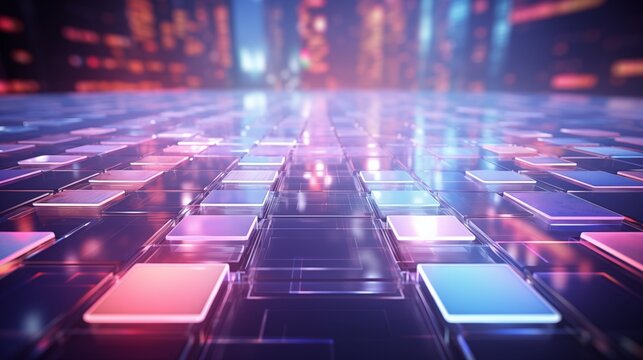 long exposure of glowing techtech interface with vibrant, soft pastel background, empty space on the left,generative ai illustration