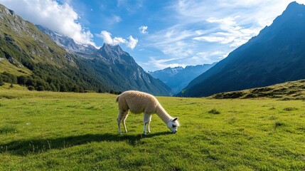 A white llama is grazing in a grassy field