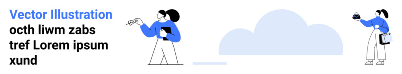 Two individuals interacting, one pointing at a clipboard, others sharing files under a cloud. Ideal for teamwork, productivity, creativity, communication, sharing, remote work flat landing page