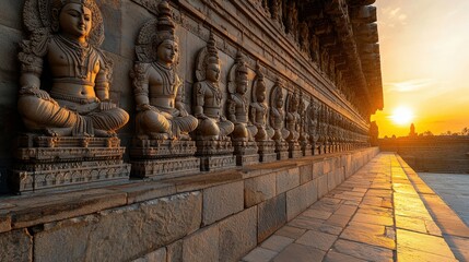 Intricate carvings of Hindu gods on the walls of an ancient Indian temple under a vibrant sunset,