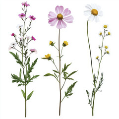 Realistic illustration of wildflowers, featuring pink, white, and yellow blooms, showcasing their delicate beauty and natural elegance