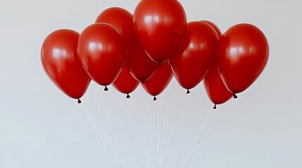 A cluster of shiny red balloons floats against a white background
