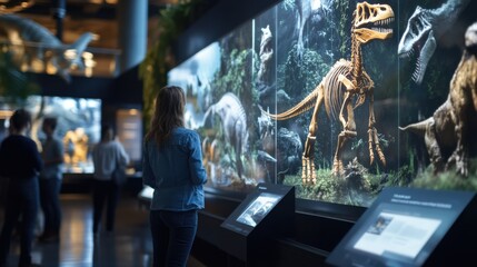 Obraz premium A woman is looking at a dinosaur skeleton in a museum