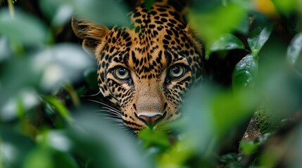 Fototapeta premium A leopard is peeking out from behind some leaves
