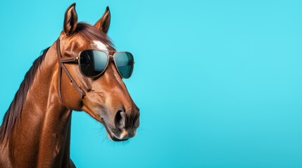 Fototapeta premium Elegant horse with a confident look, rocking stylish aviator sunglasses, standing against a smooth blue gradient background for a modern vibe