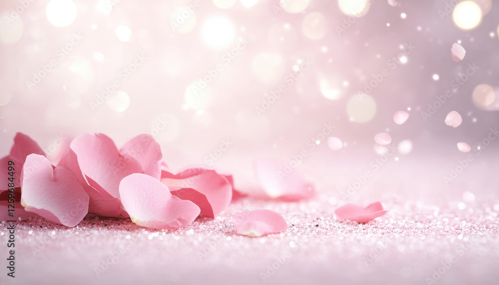 Poster soft pink flower petals scattered on sparkling surface create dreamy atmosphere. blurred bokeh backg