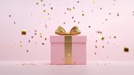 Elegant pink gift box with a golden ribbon and bow, sparkling confetti falling, soft glowing background, festive and luxurious celebration theme, ultra-HD