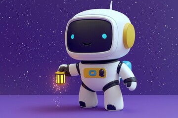 Adorable Robot Astronaut Carrying a Lantern in Space