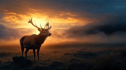Fototapeta premium A deer stands in a field with a sunset in the background