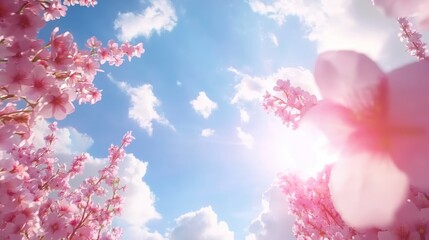 Fototapeta premium Cherry Blossom Trees in Bloom with Blue Sky and Sunshine, Beautiful Spring Landscape Under Bright Clouds, Nature Photography for Travel and Inspiration