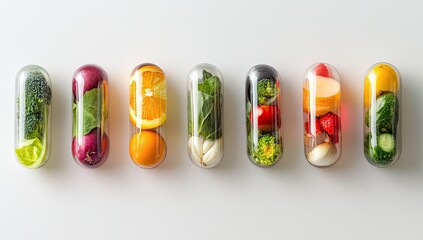 Colorful fruit & veggie capsules on white background (1)
