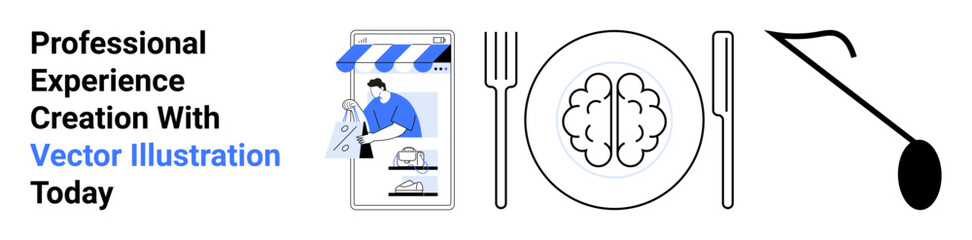 Shopfront with a baker, a plate holding a brain, kitchen tools. Ideal for creativity, learning, skill-building, e-commerce, cognition, gastronomy flat landing page banner