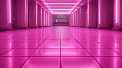 Pink Neon Lit Hallway With Staircase Ahead