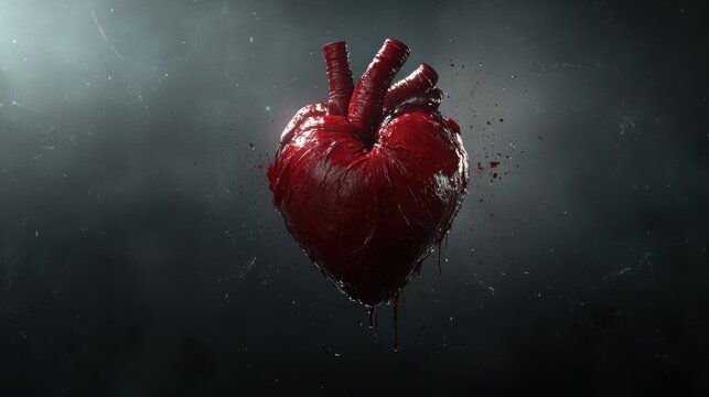 Floating 3D Anatomical Heart with Blood Droplets Against a Dark Misty Background