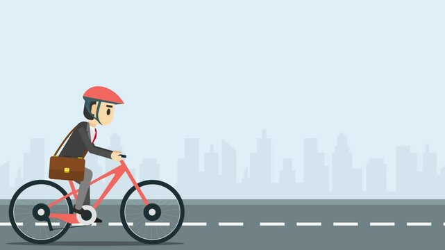 business animation illustration about a businessman riding bike in the city road, describing hard working