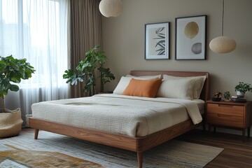 Modern scandinavian bedroom design minimalist chic interior decor cozy atmosphere eye-level view stylish serenity