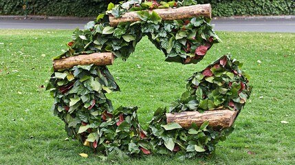 large recycling symbol constructed with vibrant, fresh leaves and wooden logs, set on a grassy field. [Recycling symbol]:[natural materials] recycling, symbol, leaves, wooden logs, grassy field, 