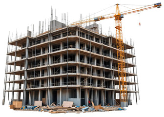Construction site with high rise building under construction, transparent background png