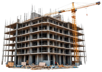 Construction site with high rise building under construction, transparent background png
