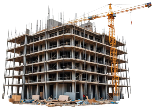 Construction site with high rise building under construction, transparent background png - Powered by Adobe