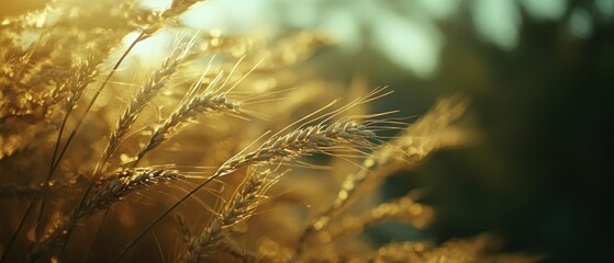 Wheat field close-up with golden grains swaying in the wind, capturing the essence of agriculture, nature, and rural landscapes during sunset.