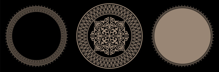 Set of Eastern national gold round frames for design with floral ornaments. Circle frame. Templates for printing postcards, ceramic, plates, medallion, porcelain, textiles, engraving, forging. Vector 