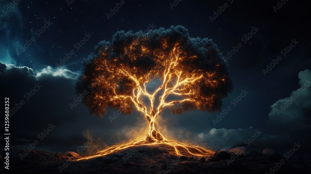 Poster a tree with glowing branches and roots is lit up in the dark