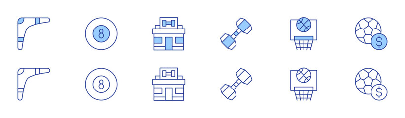 Sports icon set in two styles, Duotone and Thin Line style. Editable stroke. boomerang, dumbbell, billiard ball, basketball, gambling, gym