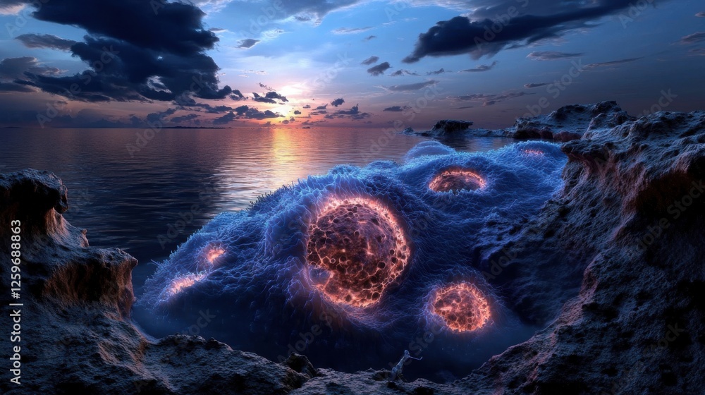 Aufkleber a blue and orange blob of space debris floating in the ocean