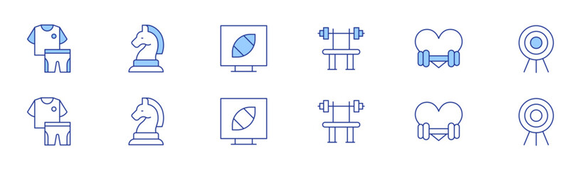 Sports icon set in two styles, Duotone and Thin Line style. Editable stroke. excercise, heart, dart, sport wear, strategy, televised match