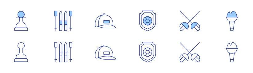 Sports icon set in two styles, Duotone and Thin Line style. Editable stroke. pawn, skis, cap, soccer, fencing, torch