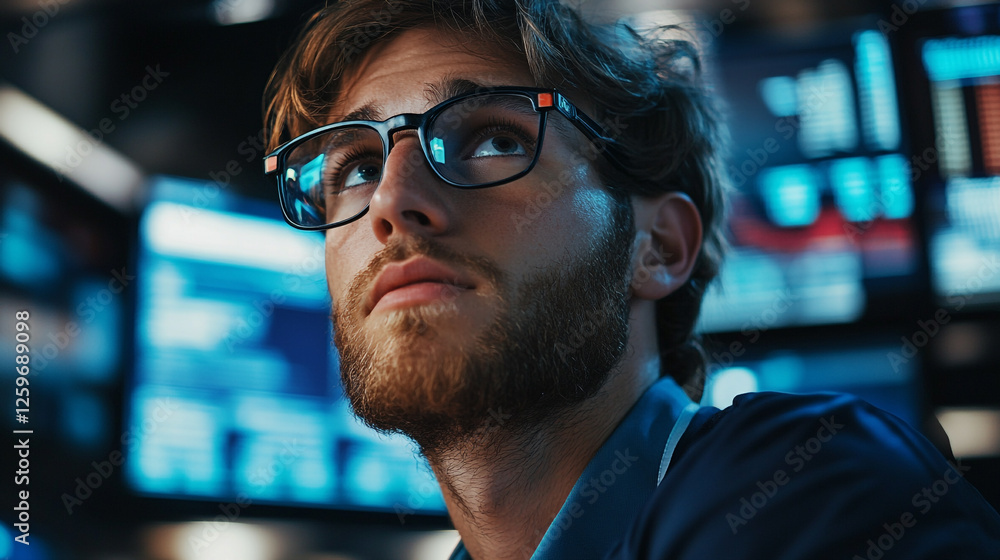 Poster focused young man programmer working late night on software development project data code blue dark