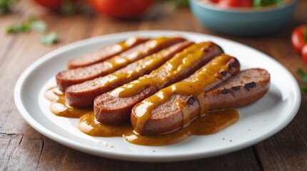Grilled Sausages with Mustard Sauce on White Plate