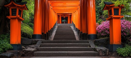 Japan Shrine Steps, Orange Torii Gates, Lush Greenery
