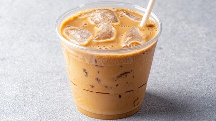Iced Coffee in Plastic Cup on Gray Surface (1)