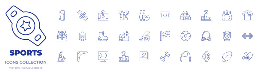 Sports icons collection. Thin Line icons, editable stroke. banner, barbell, bottle, champion belt, football, ice skate, podium, shoulder pads, baseball, bowling
