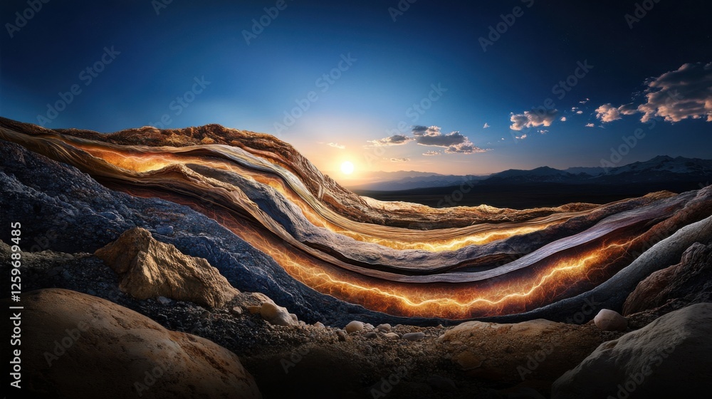 Poster A mountain range with a sun setting in the background