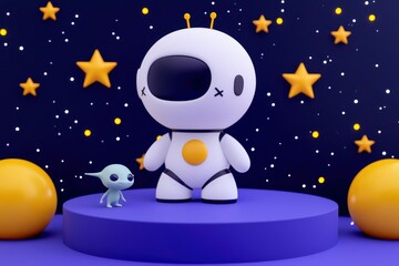Fototapeta premium Cute Robot and Alien Friend in Space