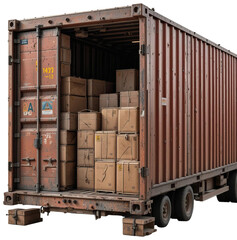 Cargo Container Truck Loaded with Cardboard Boxes, transparent background png