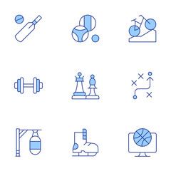 Sports icons set. Line Duotone style, editable stroke. chess, gym, ice skate, petanque, cricket, mountain bike, punching bag, strategy, tv